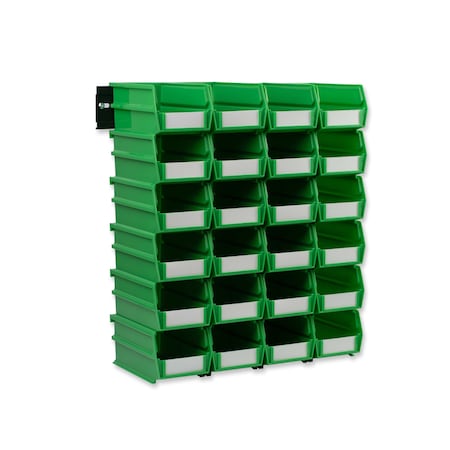 Triton Products Wall Storage Unit W/ (24) 7-3/8" L x 4-1/8" W x 3" H Green Bins & Wall Mount Rails 3-220GRNWS